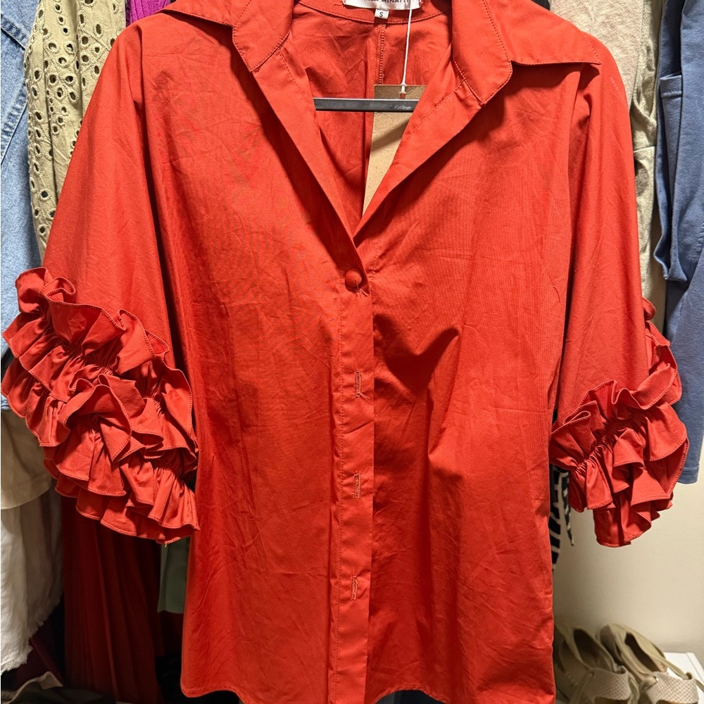 Red Ruffled Sleeve Women's Top